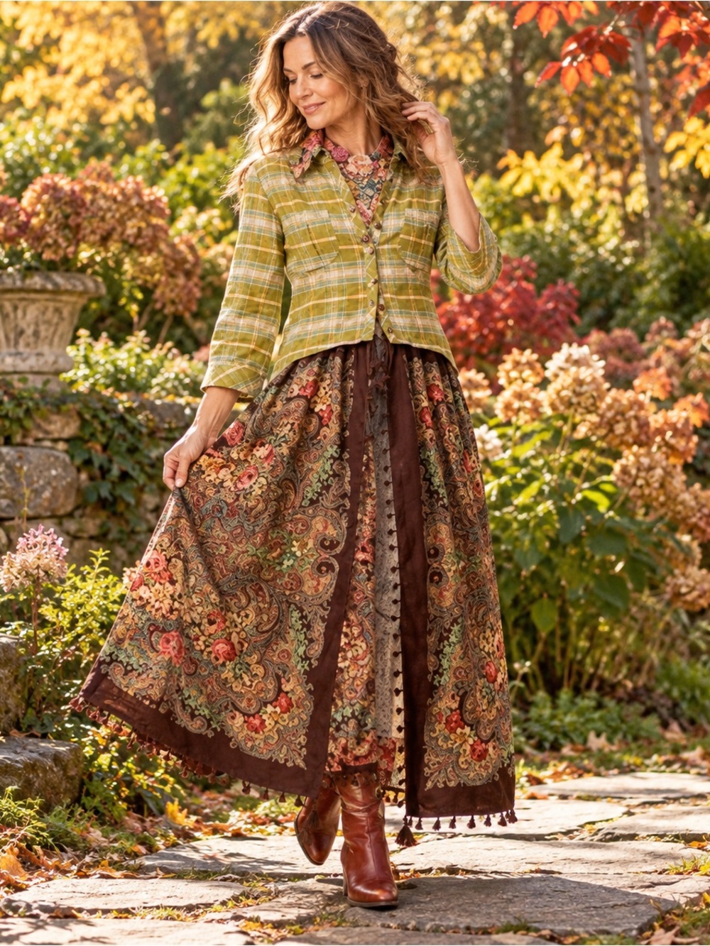 Aratta NWT Beatrice Maxi Shirt Olive Plaid Floral Duster Small